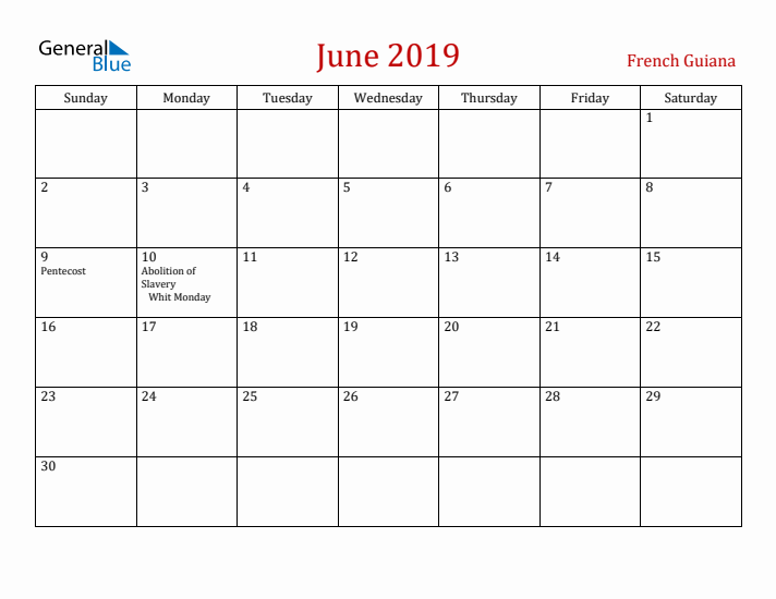 French Guiana June 2019 Calendar - Sunday Start
