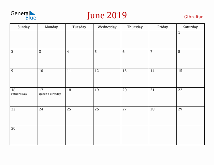 Gibraltar June 2019 Calendar - Sunday Start