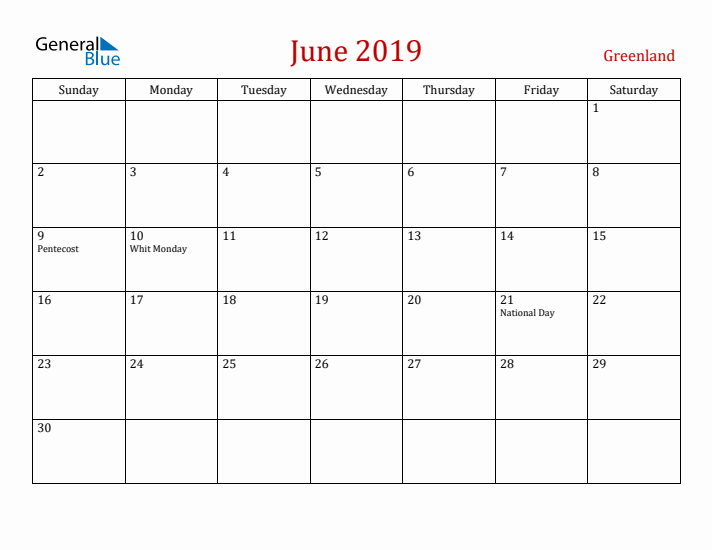 Greenland June 2019 Calendar - Sunday Start