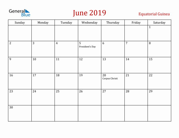 Equatorial Guinea June 2019 Calendar - Sunday Start