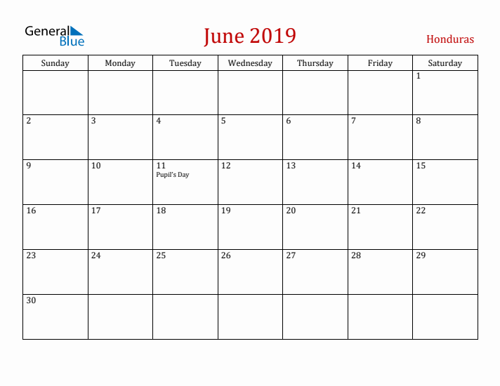 Honduras June 2019 Calendar - Sunday Start