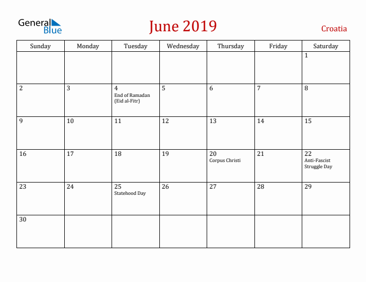 Croatia June 2019 Calendar - Sunday Start