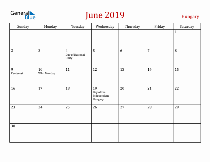Hungary June 2019 Calendar - Sunday Start