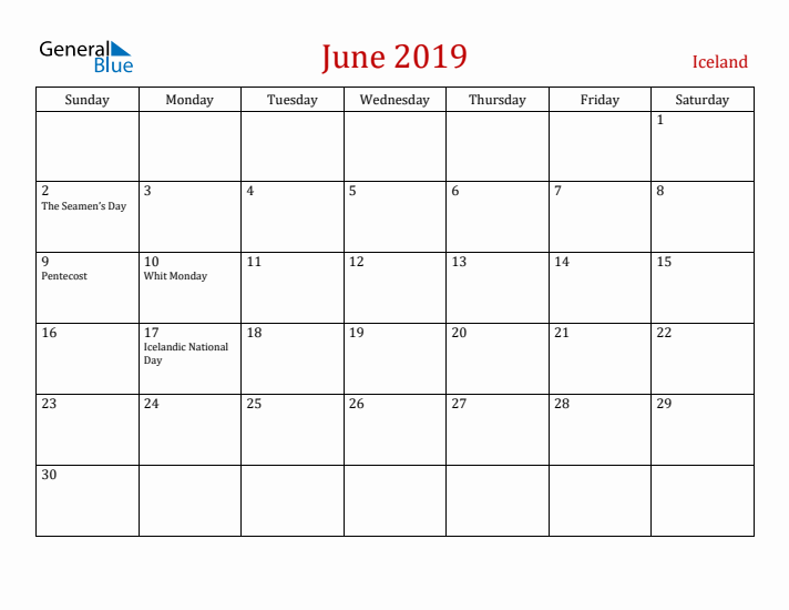 Iceland June 2019 Calendar - Sunday Start