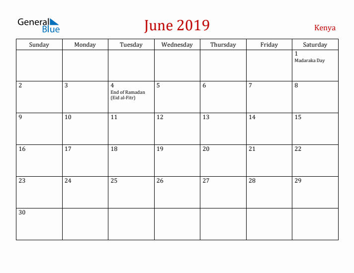 Kenya June 2019 Calendar - Sunday Start
