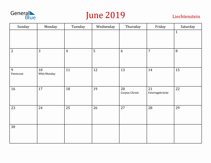 Liechtenstein June 2019 Calendar - Sunday Start