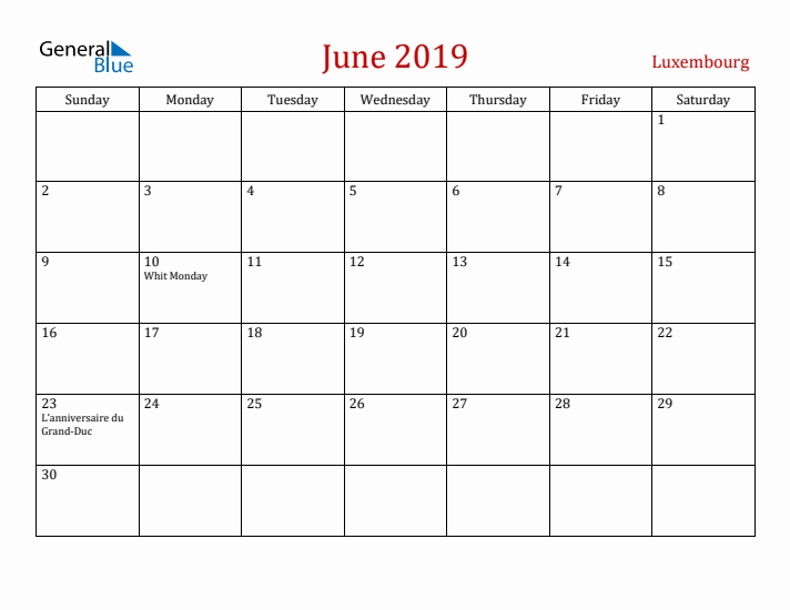 Luxembourg June 2019 Calendar - Sunday Start