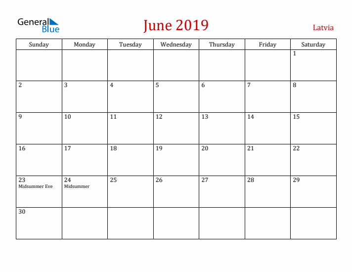 Latvia June 2019 Calendar - Sunday Start