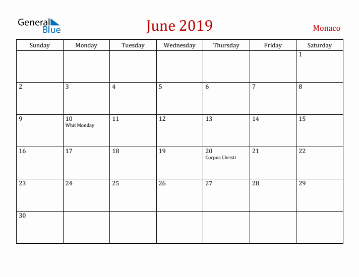 Monaco June 2019 Calendar - Sunday Start