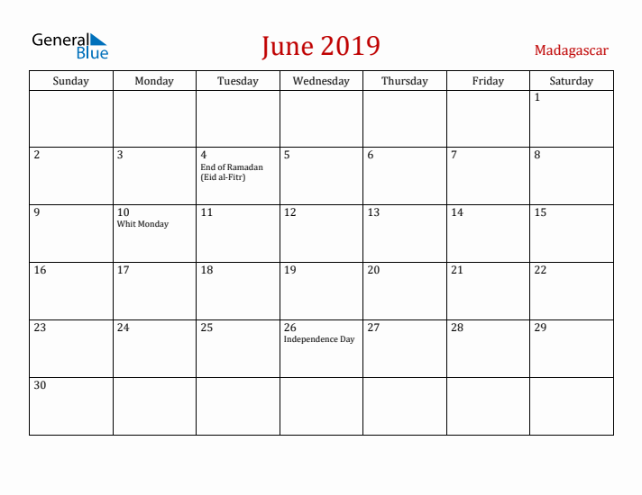 Madagascar June 2019 Calendar - Sunday Start