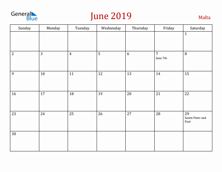 Malta June 2019 Calendar - Sunday Start