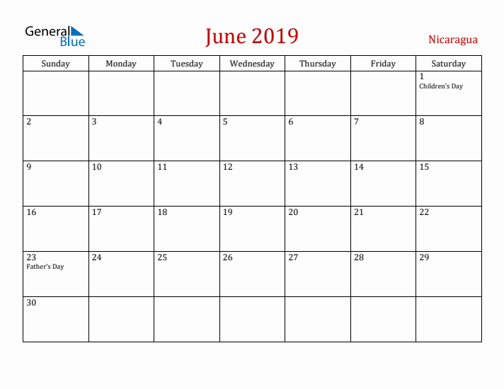 Nicaragua June 2019 Calendar - Sunday Start