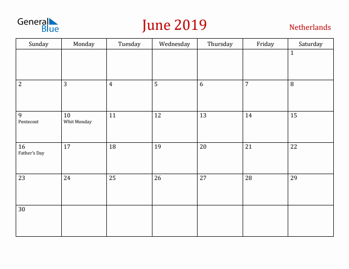 The Netherlands June 2019 Calendar - Sunday Start