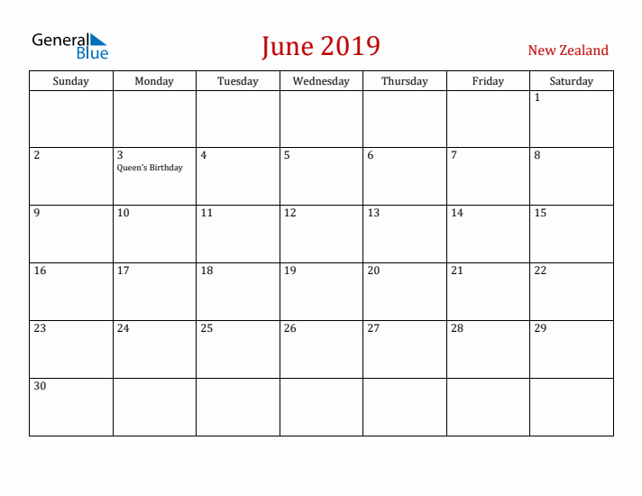 New Zealand June 2019 Calendar - Sunday Start