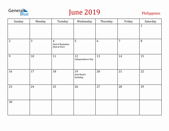 Philippines June 2019 Calendar - Sunday Start