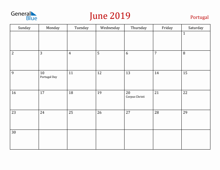 Portugal June 2019 Calendar - Sunday Start