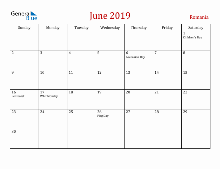 Romania June 2019 Calendar - Sunday Start