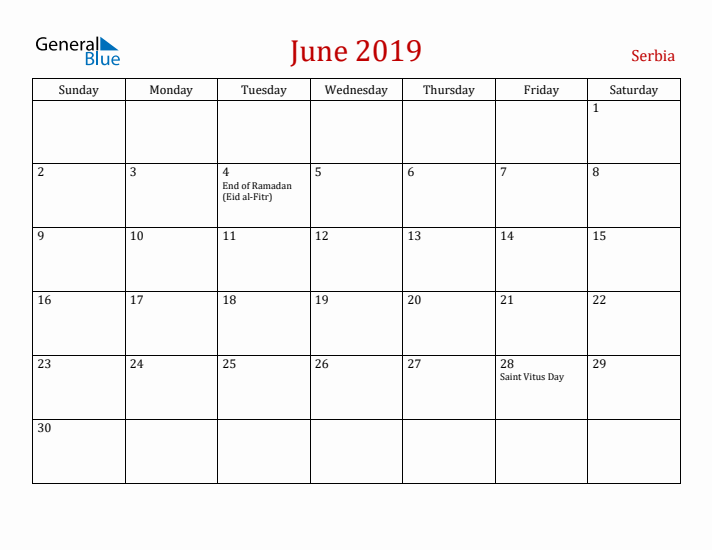 Serbia June 2019 Calendar - Sunday Start