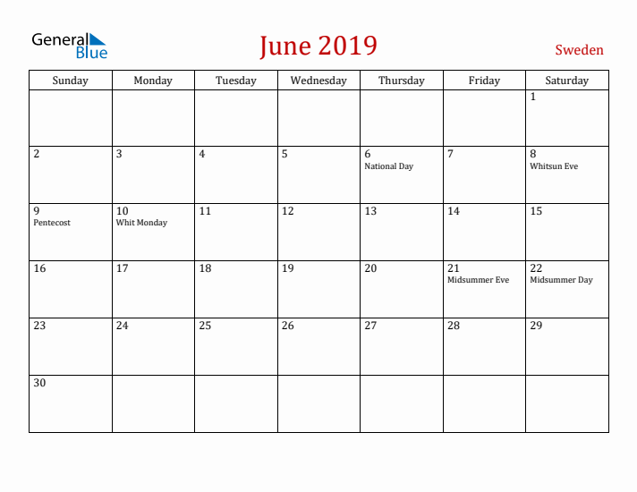 Sweden June 2019 Calendar - Sunday Start