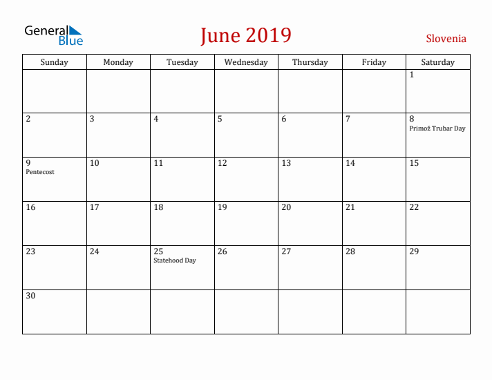 Slovenia June 2019 Calendar - Sunday Start