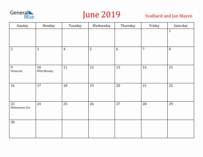 Svalbard and Jan Mayen June 2019 Calendar - Sunday Start