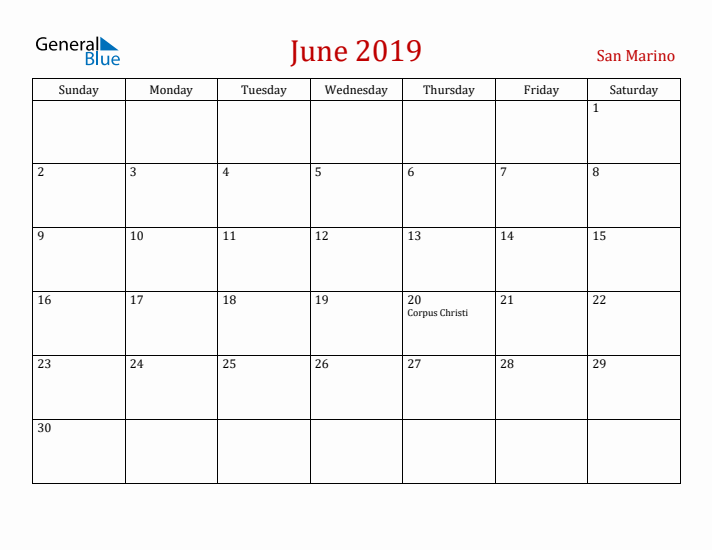 San Marino June 2019 Calendar - Sunday Start