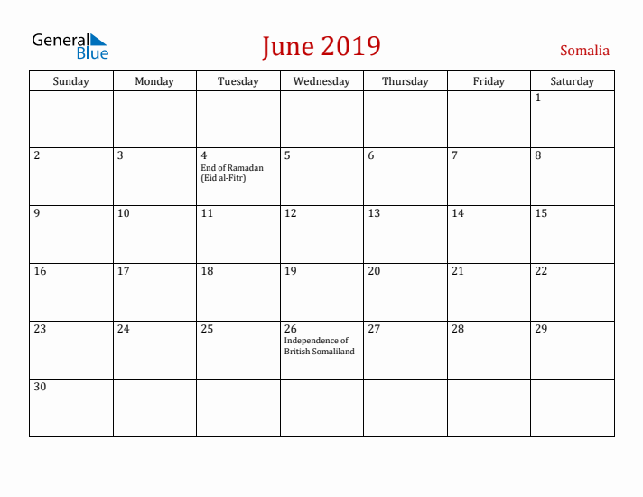 Somalia June 2019 Calendar - Sunday Start