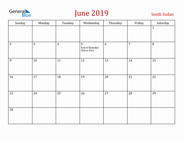 South Sudan June 2019 Calendar - Sunday Start