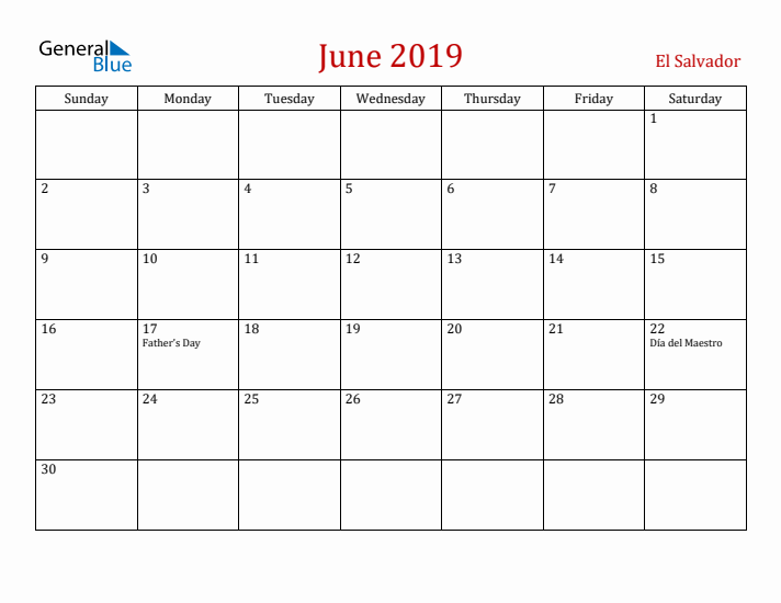 El Salvador June 2019 Calendar - Sunday Start