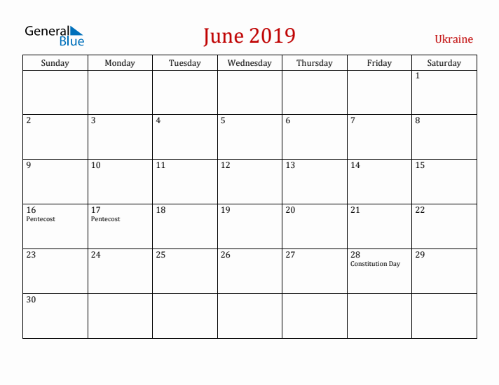Ukraine June 2019 Calendar - Sunday Start