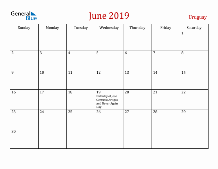 Uruguay June 2019 Calendar - Sunday Start