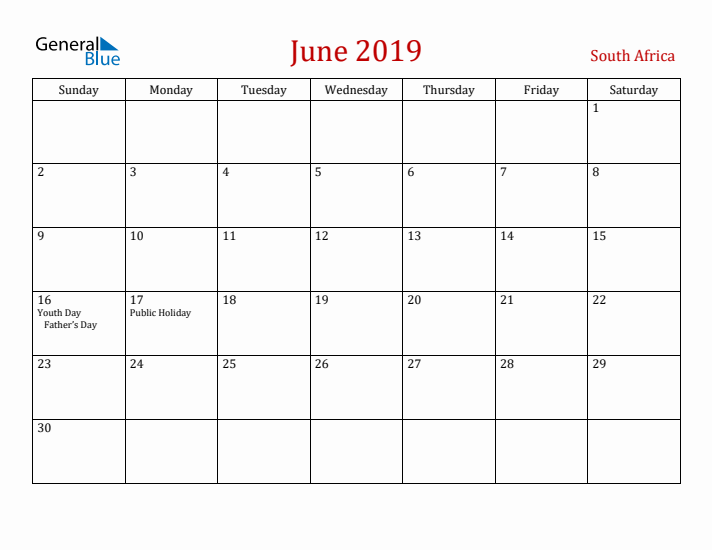 South Africa June 2019 Calendar - Sunday Start