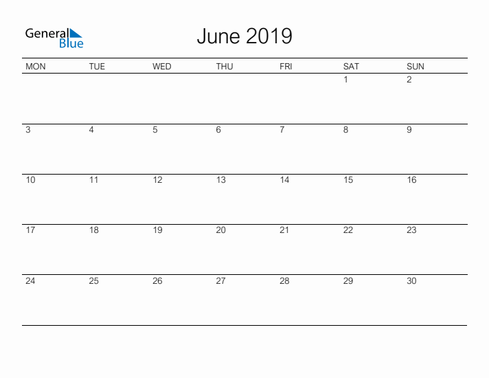 Printable June 2019 Calendar - Monday Start