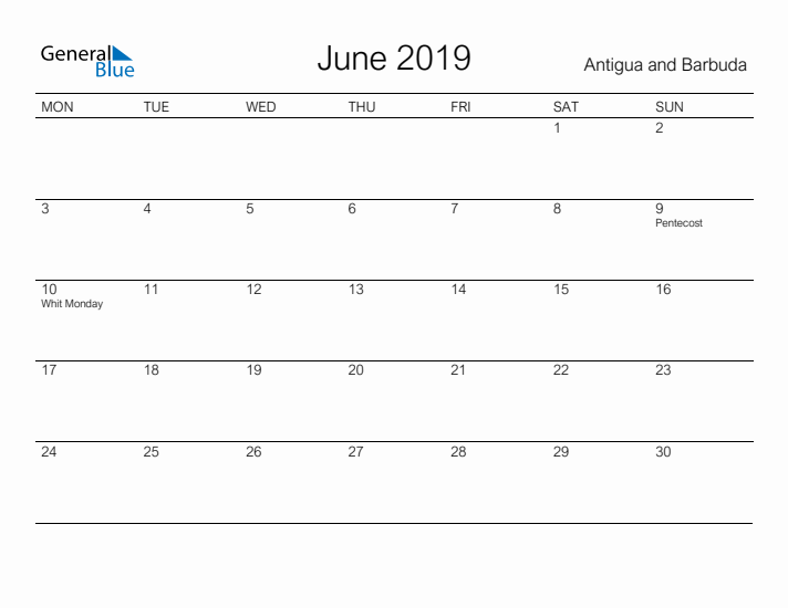 Printable June 2019 Calendar for Antigua and Barbuda