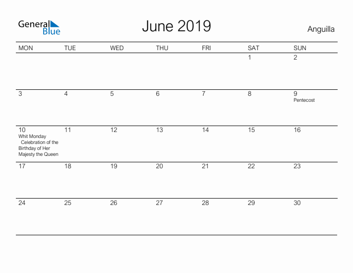 Printable June 2019 Calendar for Anguilla