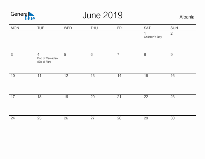 Printable June 2019 Calendar for Albania