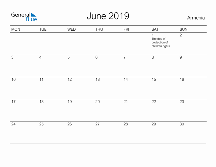 Printable June 2019 Calendar for Armenia
