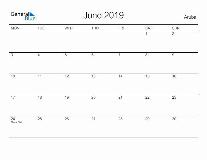 Printable June 2019 Calendar for Aruba
