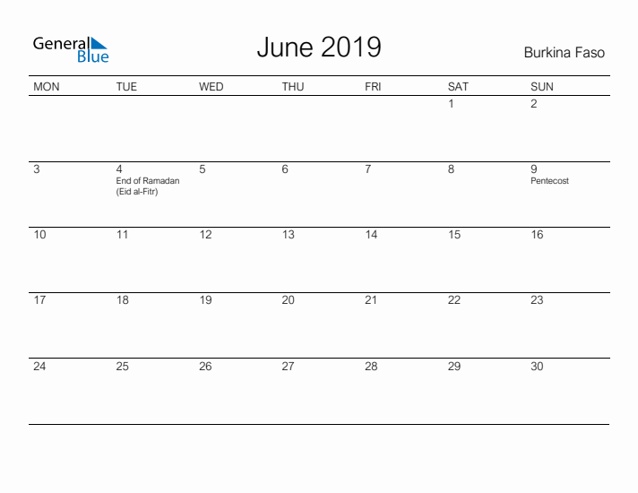 Printable June 2019 Calendar for Burkina Faso