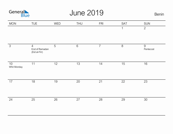 Printable June 2019 Calendar for Benin