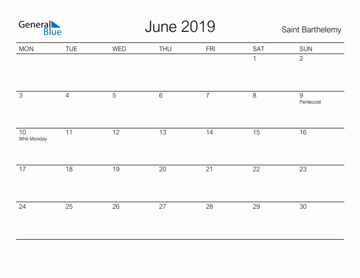 Printable June 2019 Calendar for Saint Barthelemy