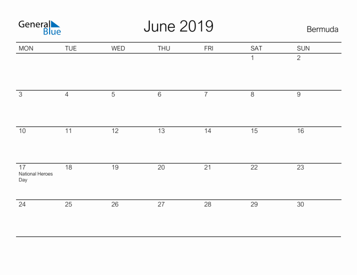 Printable June 2019 Calendar for Bermuda