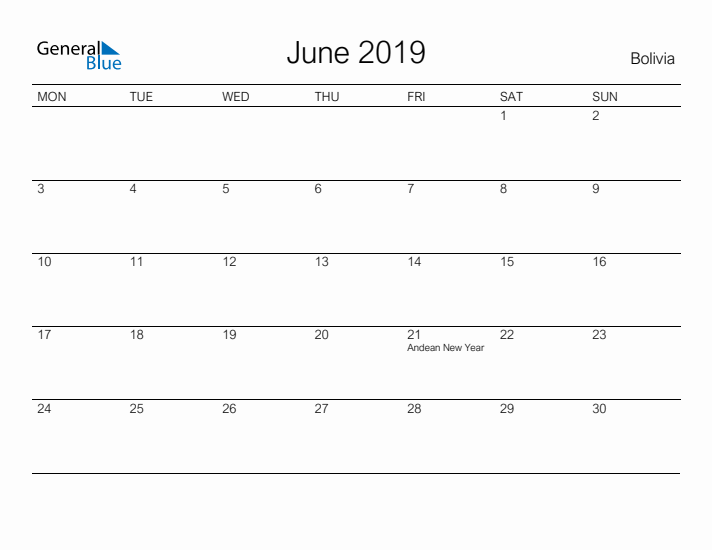 Printable June 2019 Calendar for Bolivia