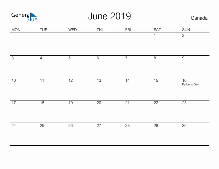 Printable June 2019 Calendar for Canada