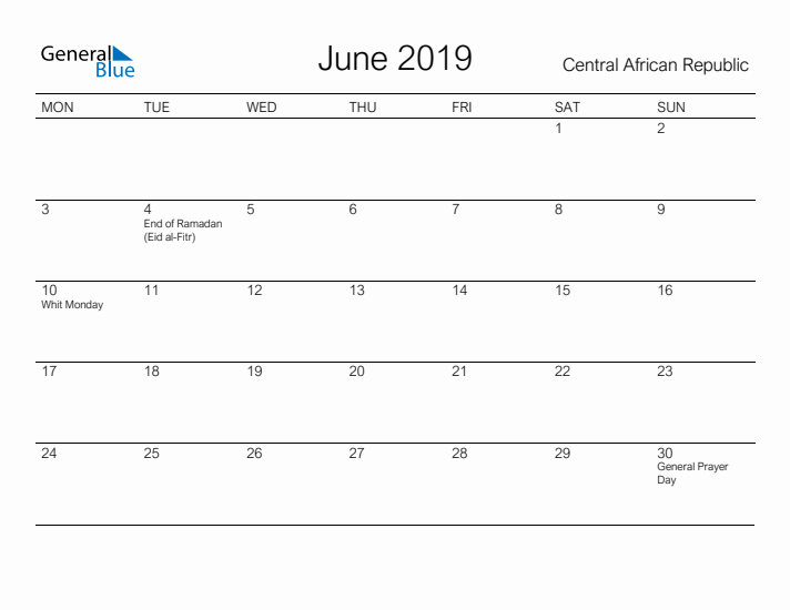 Printable June 2019 Calendar for Central African Republic