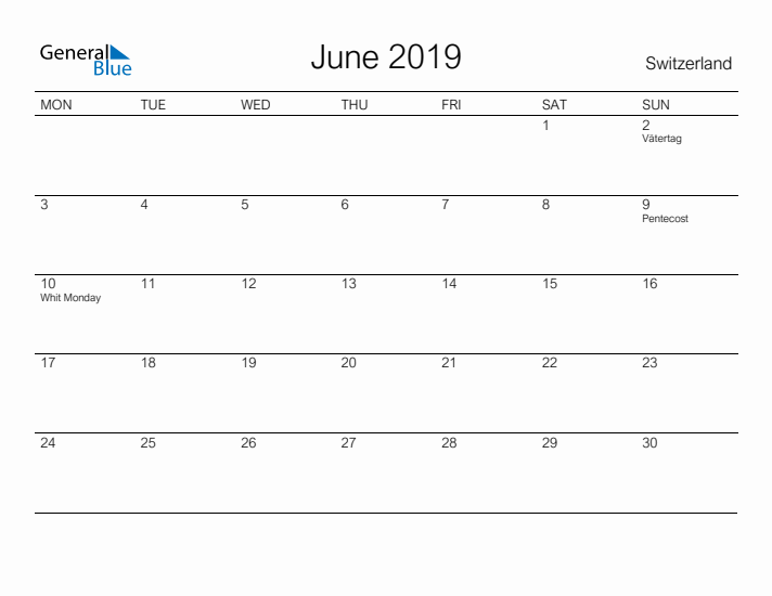Printable June 2019 Calendar for Switzerland