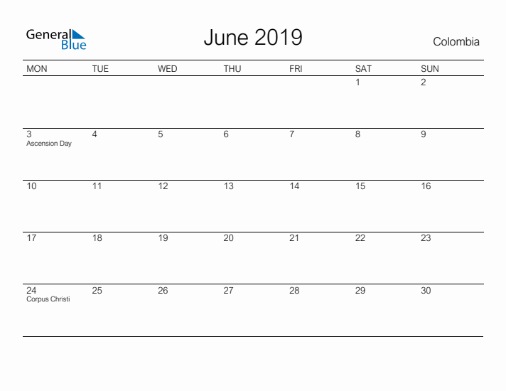 Printable June 2019 Calendar for Colombia