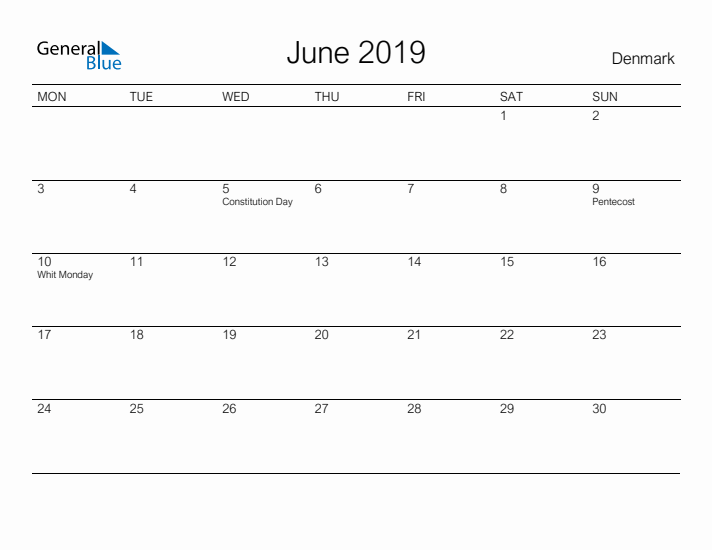 Printable June 2019 Calendar for Denmark