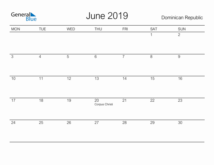 Printable June 2019 Calendar for Dominican Republic