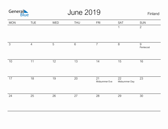 Printable June 2019 Calendar for Finland